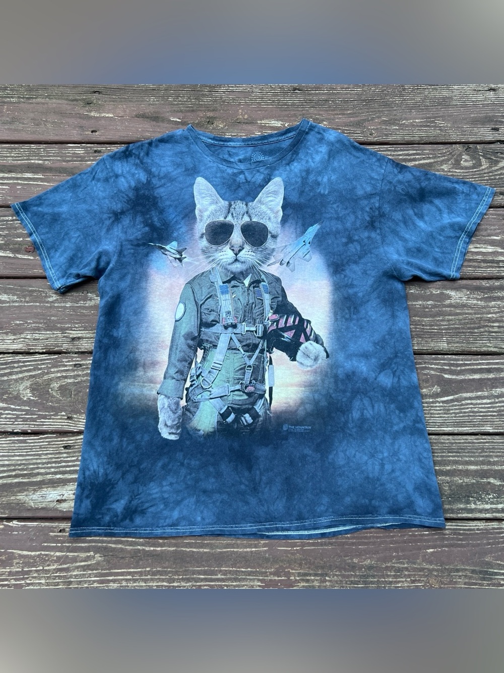 The Mountain Aviator Pilot Cat Tie-Dye 100% Cotton Graphic T-Shirt,2014|Size:XL
